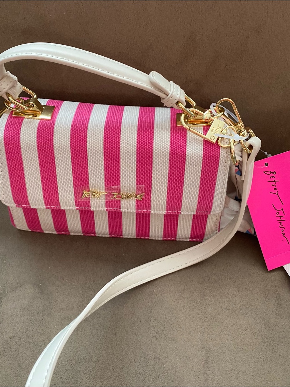 Betsey Johnson Hot Pink & White Striped Crossbody Bag